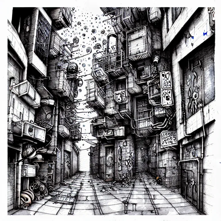 Image similar to an absurdly-detailed cyberpunk alleyway watercolor-calligraphy-pen drawing. Sea-life in a submerged-city.