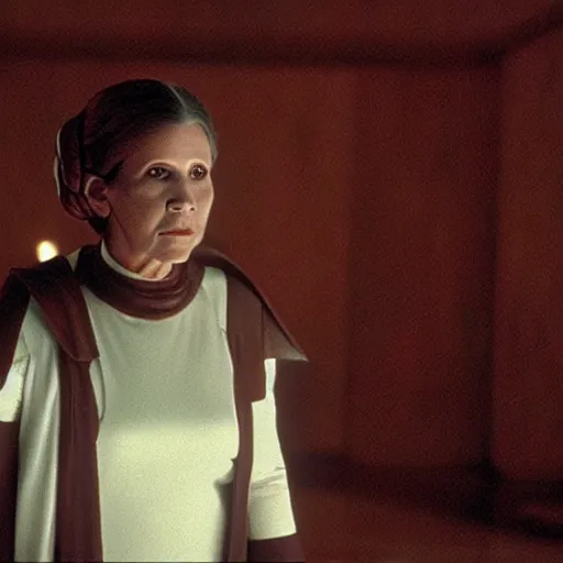 Image similar to a full color still of Carrie Fisher as Leia Organa as a regal Senator in the Galactic Senate, cinematic lighting, 1999, directed by Steven Spielberg, 35mm