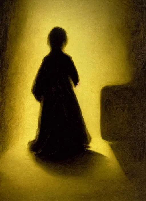 Image similar to shadows in the dark lurking on a lost little girl wearing a gold cloak, backlight, creepy, extremely realistic and highly detailed painting by francisco goya, soft light, gold ratio