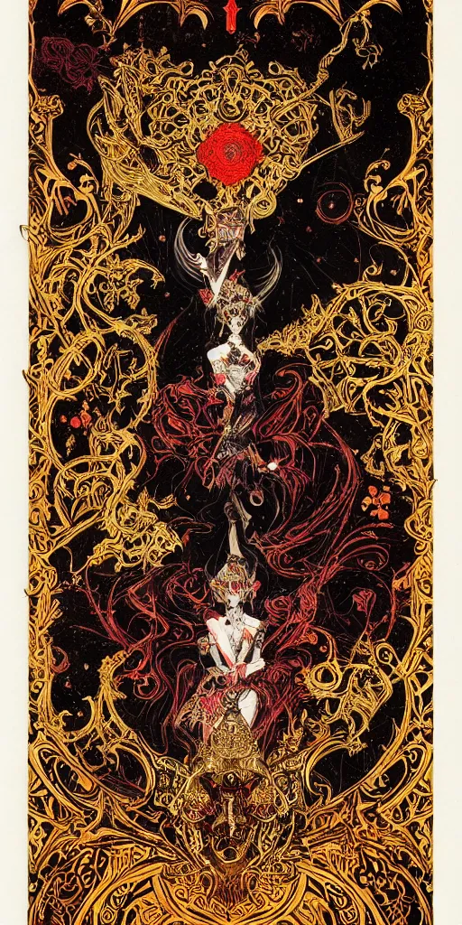 Image similar to the empress + black paper + elements + red + gold + neon + baroque + rococo + white + orange + ink + tarot card, ornate + by marc simonetti, paul pope, peter mohrbacher, detailed, intricate ink illustration + damask