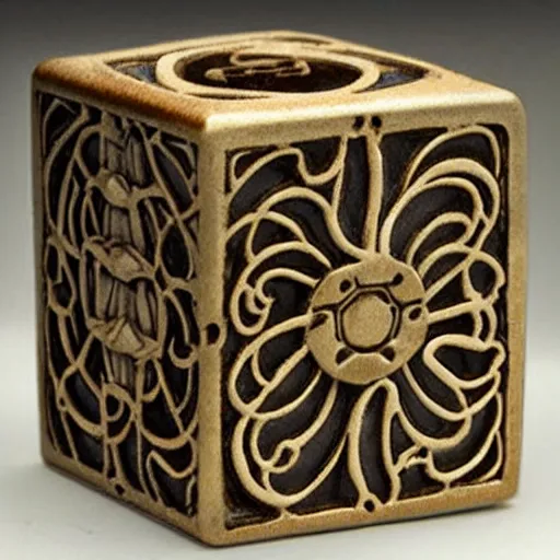 Prompt: intricate art nouveau sculpture companion - cube!!!!!!!!!!!!!!!!! companion - cube!!!!!!!!!!!!!!!!! small - heart on side