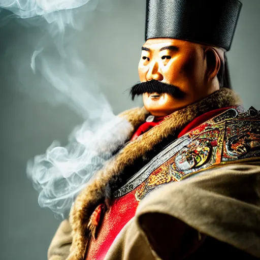 Image similar to Photo of Genghis Khan, close-up, high detail, studio, ominous background, smoke, 85mm Sigma Art Lens