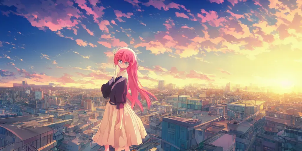 Image similar to anime art, anime key visual of a cute elegant anime girl with pink hair and big eyes, city rooftop at sunset with clouds, golden hour sunset, background blur bokeh!, beautiful lighting, high quality illustration, studio ghibli