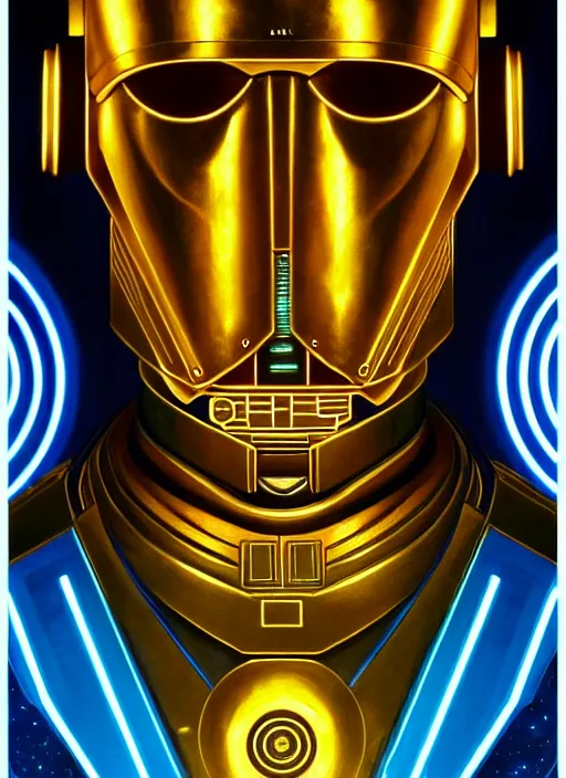 Image similar to symmetry portrait of c 3 p 0, sci - fi, tech wear, blue and yellow glowing lights, intricate, elegant, highly detailed, digital painting, artstation, concept art, smooth, sharp focus, illustration, art by artgerm and greg rutkowski and alphonse mucha