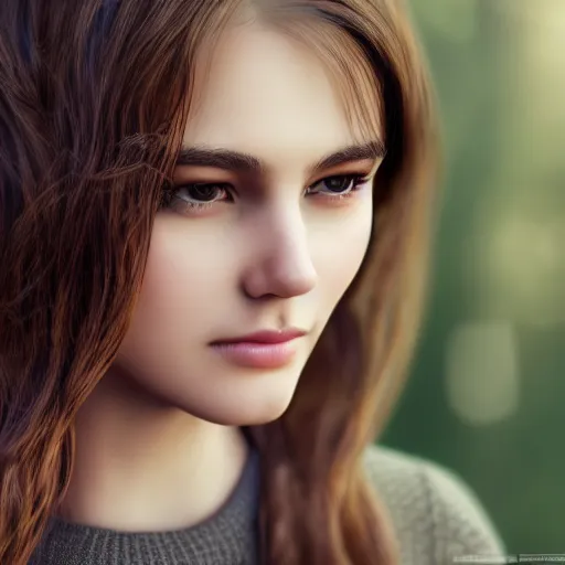 Image similar to real life photo of a beautiful girl, full body photoshoot, long brown hair, brown eyes, full round face, short smile, dark brown sweater, forest setting, cinematic lightning, medium shot, mid - shot, highly detailed, trending on artstation, unreal engine 4 k, 8 0 mm, 8 5 mm, cinematic wallpaper