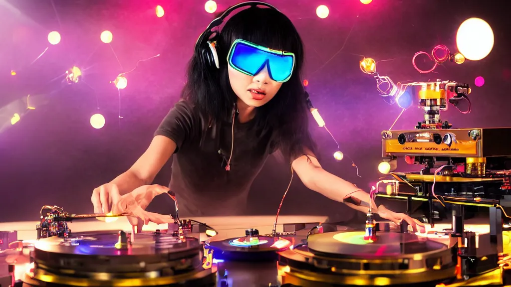 Prompt: an asian woman wearing goggles and visor and headphones using an intricate clockwork record player turntable contraption, robot arms, turntablism dj scratching, intricate planetary gears, smoky atmosphere, cinematic, sharp focus, led light strips, bokeh, iridescent, black light, fog machine, hazy, lasers, spotlights, motion blur, color