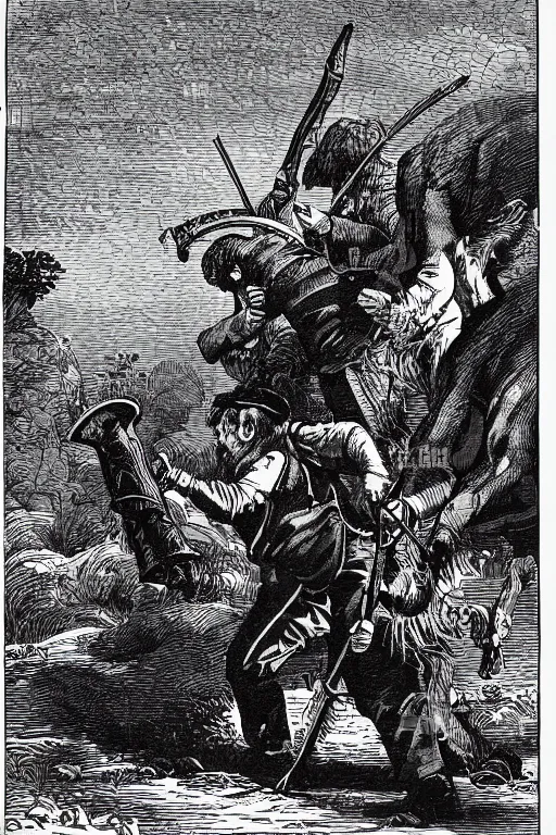 Image similar to 19th century wood-engraving of a British man hunting a mammoth with a flintlock rifle, whole page illustration from Jules Verne book, art by Édouard Riou Jules Férat and Henri de Montaut, high quality, beautiful, removed watermarks