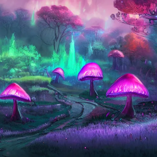 Image similar to concept art painting of a fantasy alien fungal landscape at night, magenta trees, glowing blue mushrooms, village of houses made of mushrooms, dark purple sky, realistic, detailed, cel shaded, in the style of makoto shinkai and greg rutkowski and albert bierstadt and james gurney