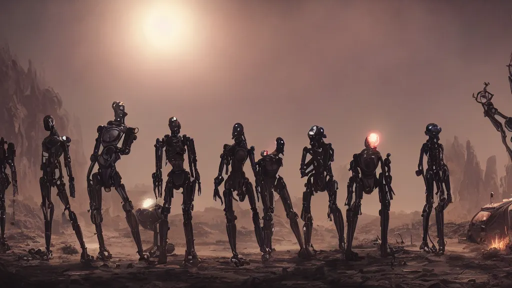 Prompt: a group of robot cultists gathering in the desert, robot occult, beautiful fantasy cyberpunk painting, dark foreboding magical atmosphere, cinematic lighting, hyperdetailed 3D matte painting, 8k ultraHD octane render, masterpiece