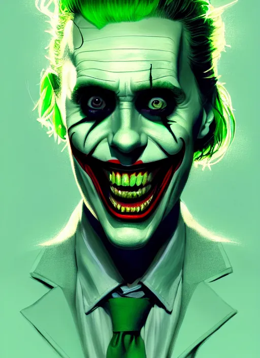 Image similar to portrait of jared leto as the joker, green hair, intricate, elegant, glowing lights, highly detailed, digital painting, artstation, concept art, sharp focus, illustration, art by wlop, mars ravelo and greg rutkowski