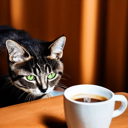 Prompt: photograph of a cat drinking a cup of coffee