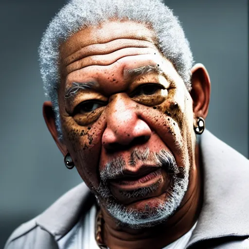 Prompt: a cinematic film still of Morgan Freeman starring as 50 Cent, portrait, 40mm lens, shallow depth of field, close up, split lighting, cinematic