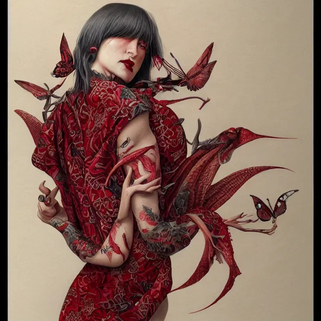 Image similar to ultra realistic illustration, beautiful woman dressed in red kimono, backview, tattoos, in the style of gerald brom by weta digital and beth cavener, high face symmetry, intricate, masterpiece, award winning, high face symmetry, intricate