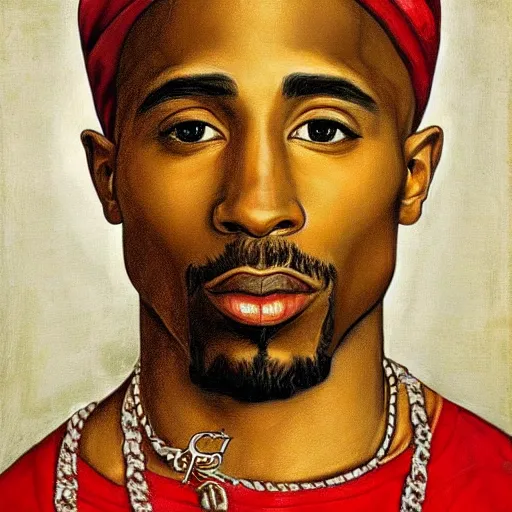 Image similar to a renaissance style portrait painting of tupac