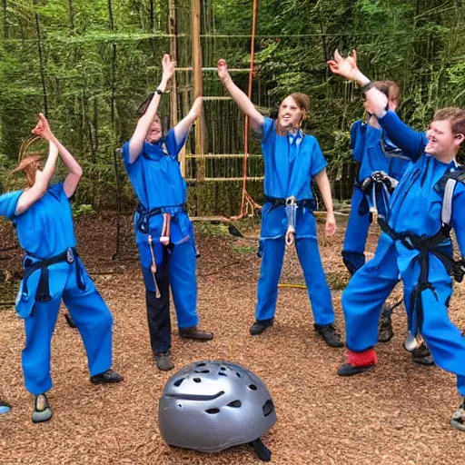 Prompt: a group of go ape instructors cheering with glee at a y - swapper being replaced