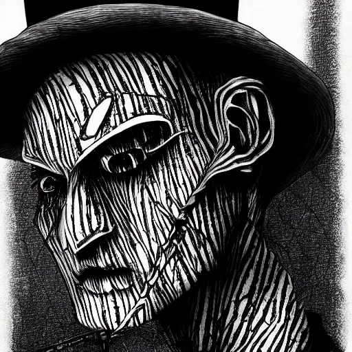 Prompt: Freddy Krueger portrait in the style of Junji Ito. Manga. Black & White. Gothic. Horror. Exquisitely detailed. 4K.