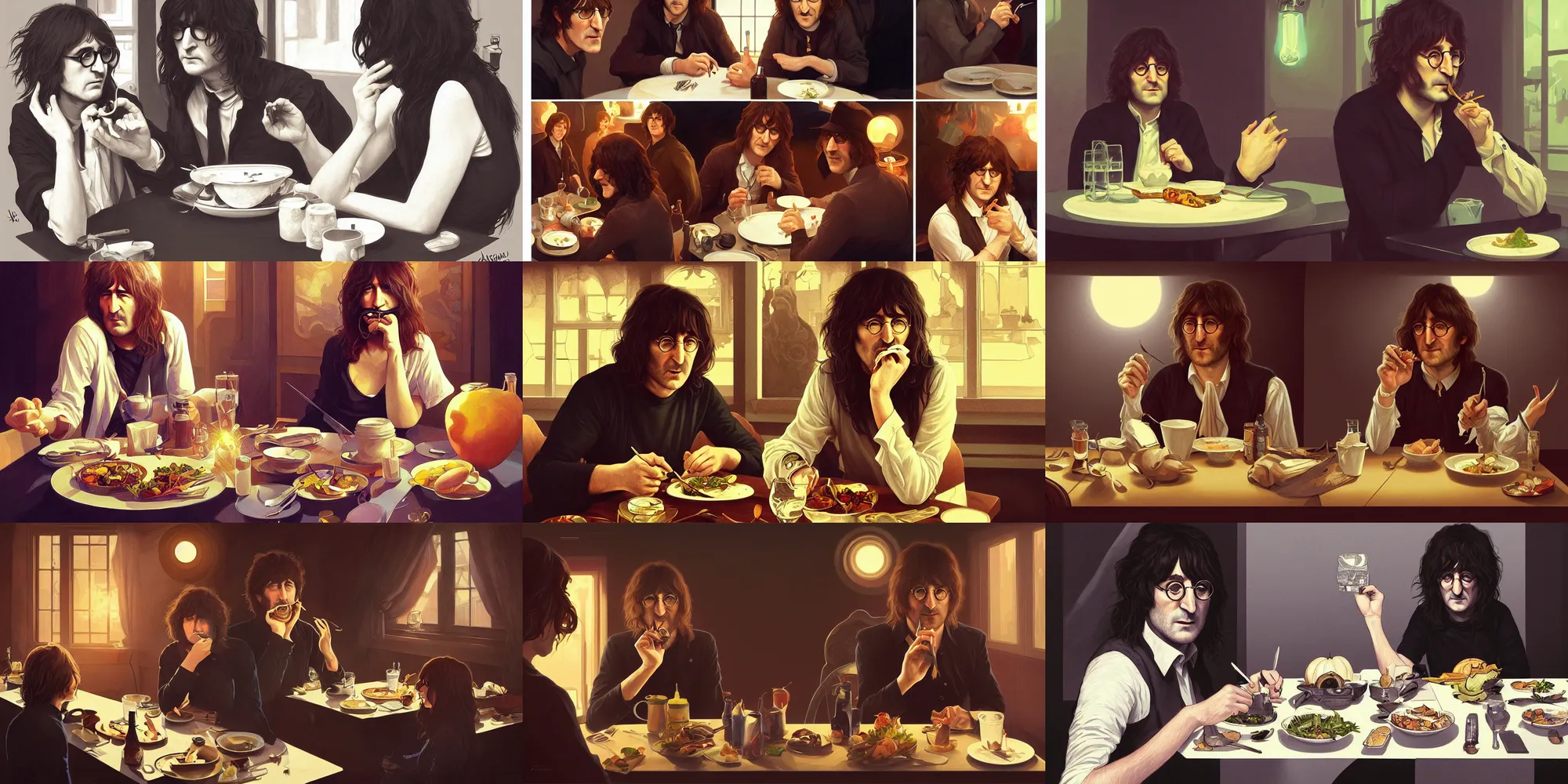 Prompt: john lennon eating dinner with courtney barnett, character sheet, character design, contrast, deep focus, turnaround, highly detailed, dramatic lighting, digital painting, artstation, concept art, matte, sharp focus, illustration, elegant, art by artgerm and greg f and alphonse mucha.