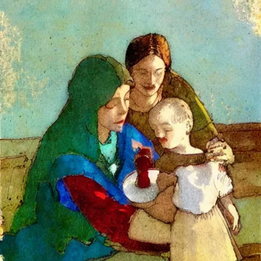 Image similar to this mixed mediart is beautiful because of its harmony of colors and its simple but powerful composition. the artist has created a scene of peaceful domesticity, with a mother and child in the center, surrounded by a few simple objects. the colors are muted and calming, and the overall effect is one of serenity and calm. by howard pyle ecstatic