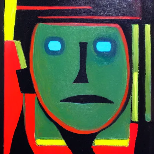 Prompt: an abstract minimalist oil painting. portrait of a cyborg, unknown artist. bold colors. oil on panel. Museum Scan -n 9 -i