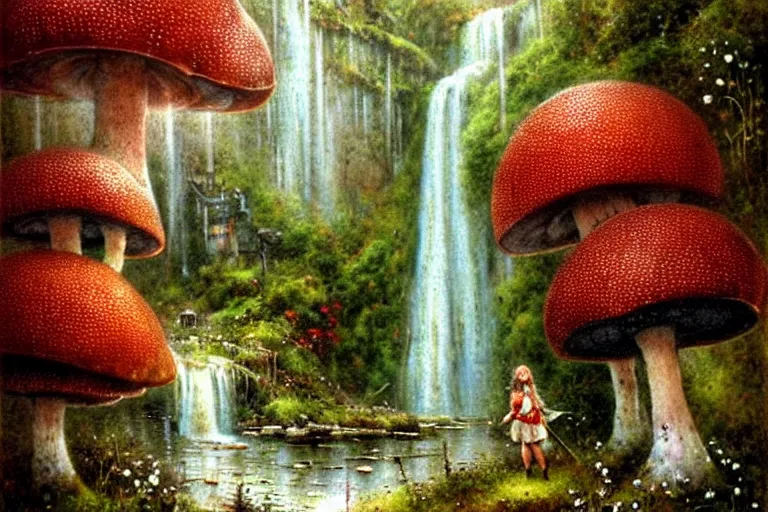 Image similar to adventurer ( ( ( ( ( 1 9 5 0 s retro future steam turbine and mill in forrest of giant mushrooms, moss and flowers stone bridge waterfall. muted colors. ) ) ) ) ) by jean baptiste monge!!!!!!!!!!!!!!!!!!!!!!!!! chrome red