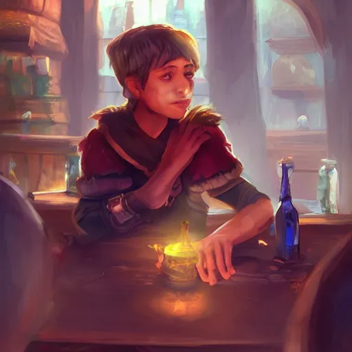 Prompt: A young boy fantasy thief in a tavern, epic fantasy art style, artstation HD