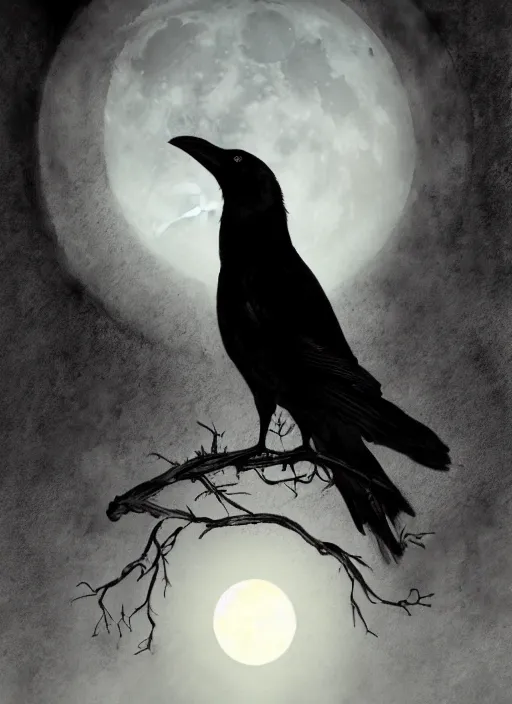 Image similar to portrait, A crow in front of the full big moon, book cover, red white and black colors, establishing shot, extremly high detail, foto realistic, cinematic lighting, pen and ink, intricate line drawings, by Yoshitaka Amano, Ruan Jia, Kentaro Miura, Artgerm, post processed, concept art, artstation, matte painting, style by eddie mendoza, raphael lacoste, alex ross