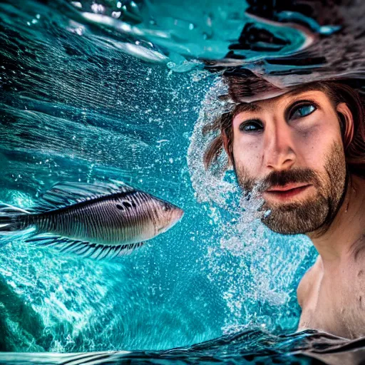 Image similar to tiny bearded mullet man snorkeling inside washing machine, sports photography, detailed, 4k
