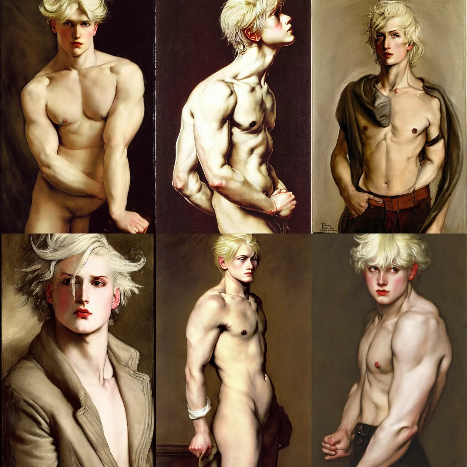 Prompt: portrait of a young androgynous johan liebert mixed with Dante with long curly platinum blond hair by peter Paul rubens and Norman Rockwell, big beefy chunky strong fat build, very very very very pale white skin platinum blond hair