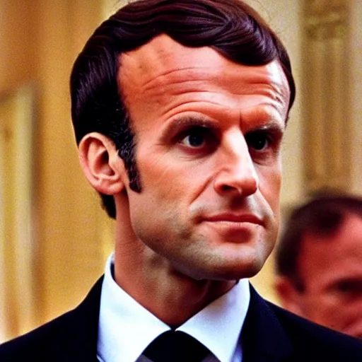 Image similar to Emmanuel Macron wearing a venitian mask in American Psycho (1999)