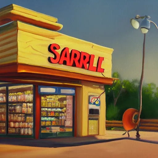 Image similar to snail that runs a convenience store, realistic painting, golden hour lighting, 8k