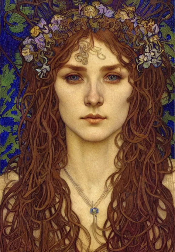 Image similar to detailed realistic beautiful young medieval queen face portrait by jean delville, alphonse mucha, vincent van gogh, and marco mazzoni, art nouveau, symbolist, visionary, gothic, pre - raphaelite
