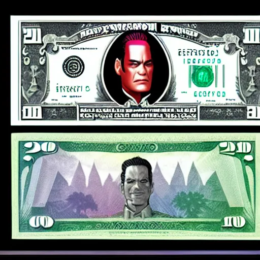 Image similar to Raul Julia's M. Bison, bison dollar notes