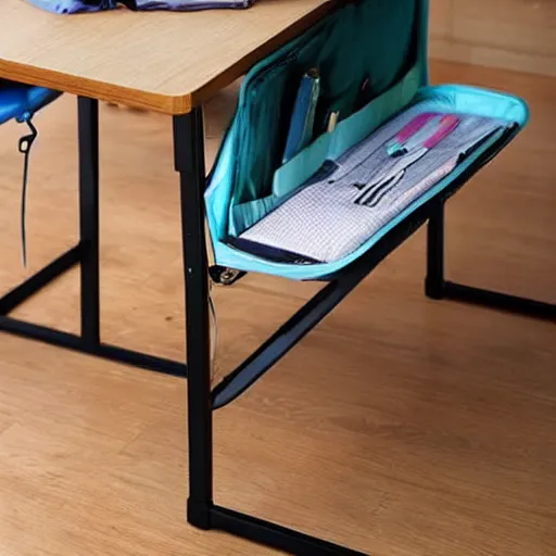 Image similar to a backpack is put under a table, backpack under a table