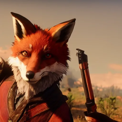 Image similar to video game screenshot of an anthropomorphic fox wearing western sheriff outfit as a character in red dead redemption 2