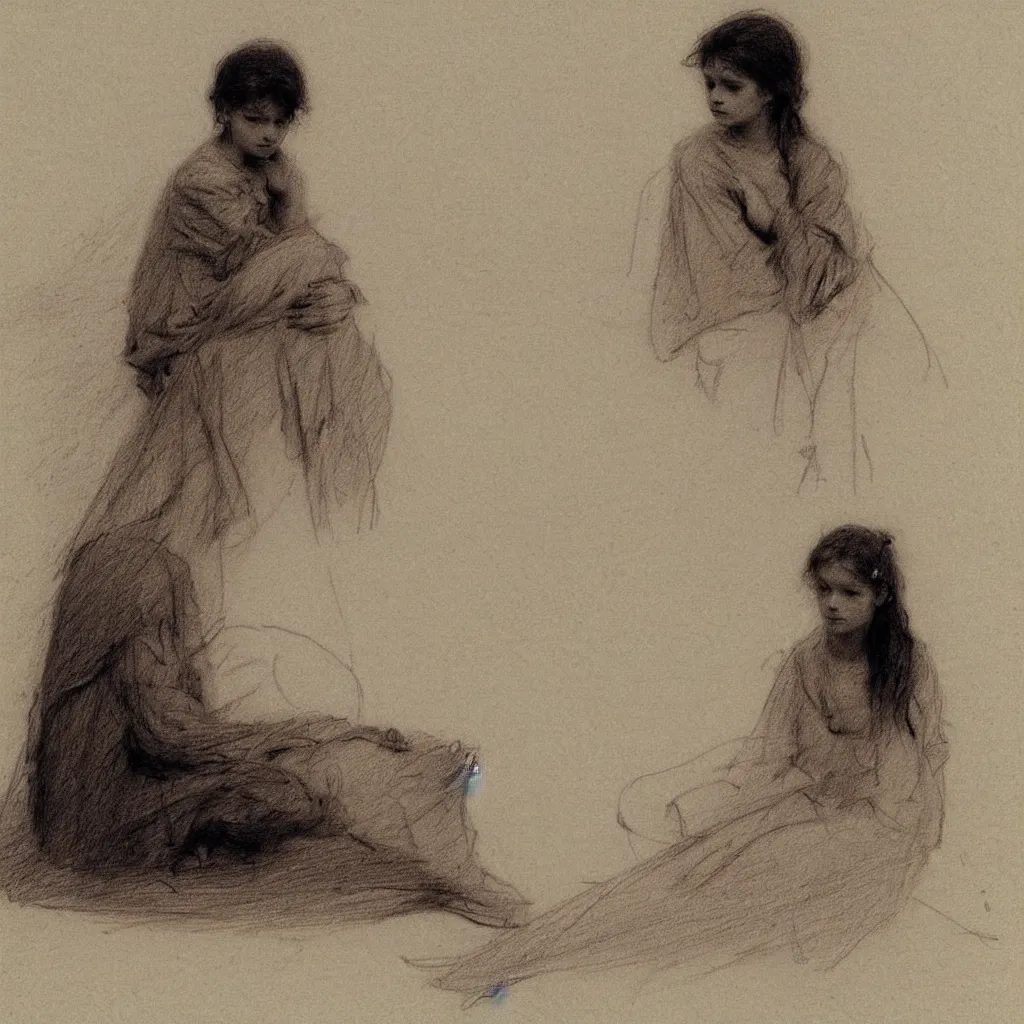 Image similar to a lonely girl by ilya repin. pencil sketch.