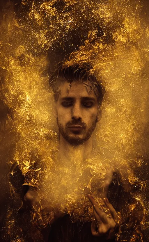 Image similar to 'Portrait of King Arthur' by István Sándorfi and Lee Jeffries royally decorated, whirling smoke, embers, gold encrustations , gilt silk torn fabric, radiant colors, fantasy, perfect lighting, studio lit, micro details,