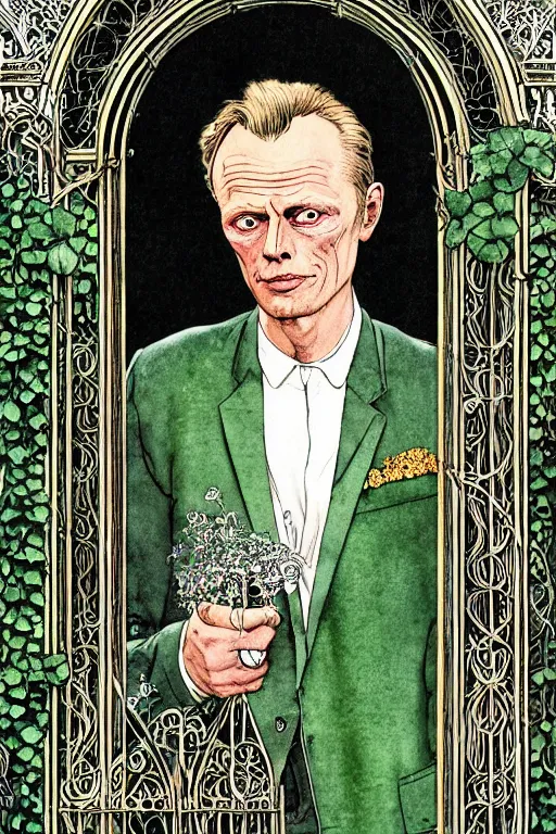 Image similar to realistic portrait of richard widmark in the center of an ornate gothic gate with ivy, detailed art by kay nielsen and walter crane, illustration style, watercolor