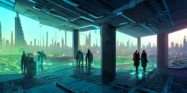 Image similar to blockchain in the middle of a futuristic cyberpunk dubai city, in the art style of dan mumford and marc simonetti, atmospheric lighting, intricate, volumetric lighting, beautiful, sharp focus, ultra detailed