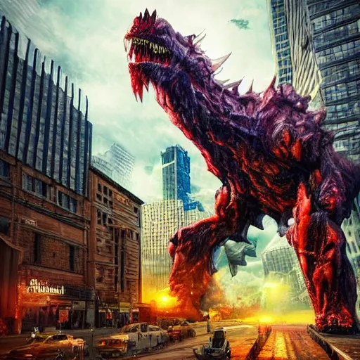 Image similar to destructive giant monsters in the city, photorealistic, highly detailed, sharp focus, vivid, colorful, symmetrical, random, convoluted, mind - blowing, creative, fully functional, end of the world, physics defying, amazing, cool