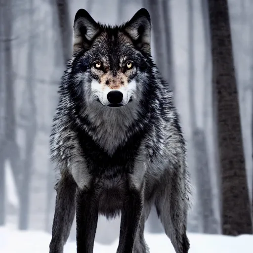 Prompt: A national geographic photograph of eerie, sinister, horror angry wolf, wide-shot