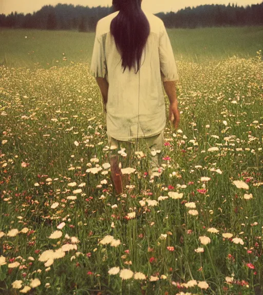 Image similar to mystical death god standing in tall meadow of flowers, distant, film photo, grainy, high detail, high resolution