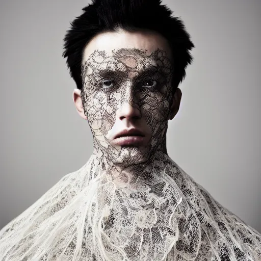 Image similar to a portrait of a beautiful young male wearing an alexander mcqueen cloak made of lace , photographed by andrew thomas huang, artistic