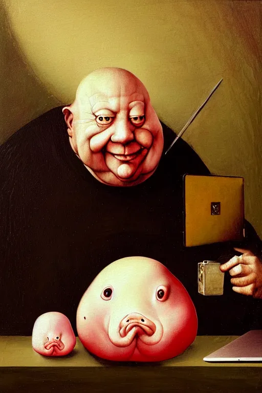 Prompt: hieronymus bosch, greg rutkowski, anna podedworna, painting of small extremely fat white blobfish with bright red hair smiling at a laptop