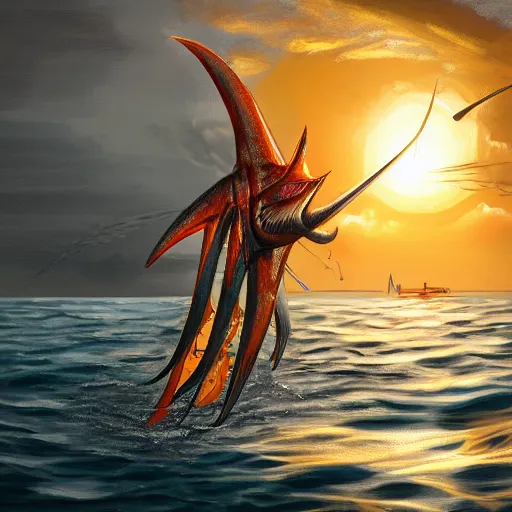 Prompt: lord sauron on his new paddle fishing a giant swordfish, digital art, trending on art station, high quality, uhd 8 k, beautiful, golden hour, intricate detail, high gradient, raytracing