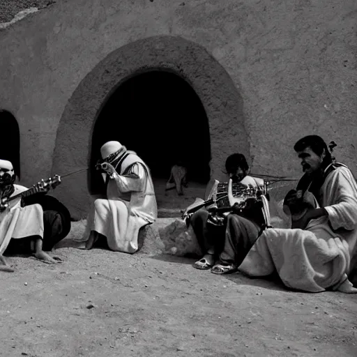 Image similar to berber musicians, smoking hashish and playing string instruments in a dusty, sunny environment, a frame from an early star wars movie