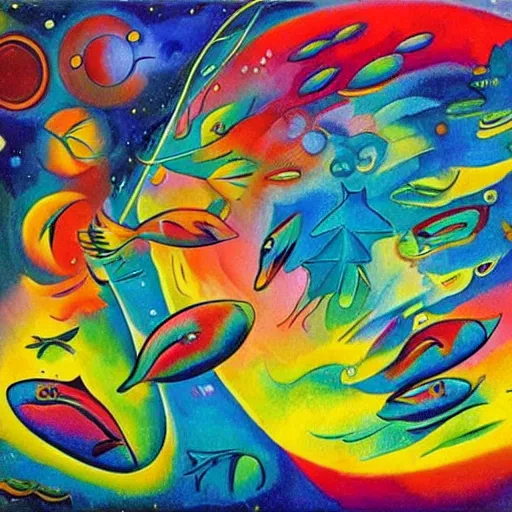 Prompt: a hd surrealism painting of 3d starry galactic complimentary colored fish landscape by salvia kandalinsky the second, slinky malinky kandinskalvadali's much more talented painter cousin, 4k, ultra realistic