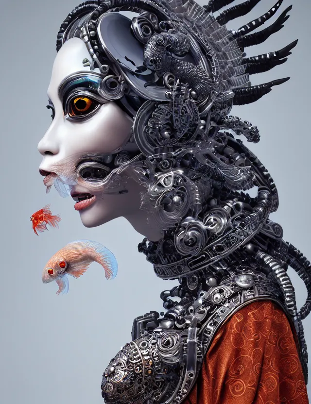 Image similar to 3 d goddess cyborg close - up profile portrait with ram skull. beautiful intricately detailed japanese crow kitsune mask and clasical japanese kimono. betta fish, jellyfish phoenix, bio luminescent, plasma, ice, water, wind, creature, artwork by tooth wu and wlop and beeple and greg rutkowski