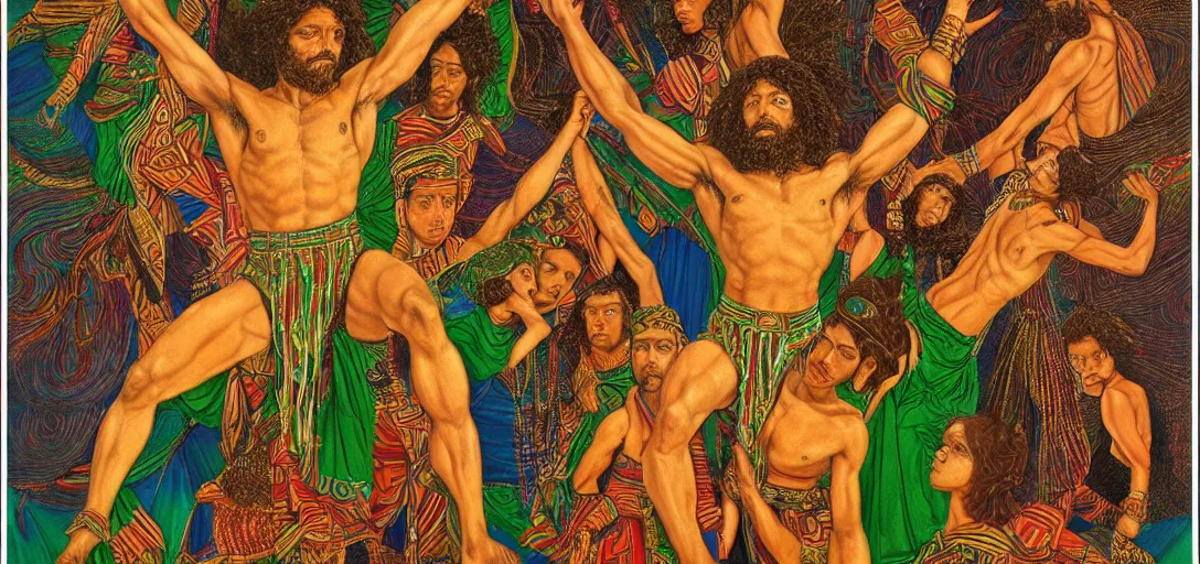 Prompt: an abstract spiritual background, a multiracial greek god dancing, green eyes. high contrast lines, great detail. 2 4 mm, photorealistic, muted color scheme, directed by mati klarwein and mat collishaw