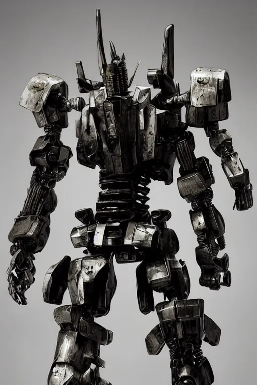 Image similar to samurai inspired mecha real steel (2011) robot. Black reflective panels exposed wiring joints. Scowling angry face. Glowing eyes. intimidating cyberpunk style of Roger Deakins Jeremy Saulnier Newton Thomas Sigel Robert Elswit Greig Fraser trending rtx on ue5. 35mm Kodak Vision 2383 gritty atmospheric Bladerunner 2049