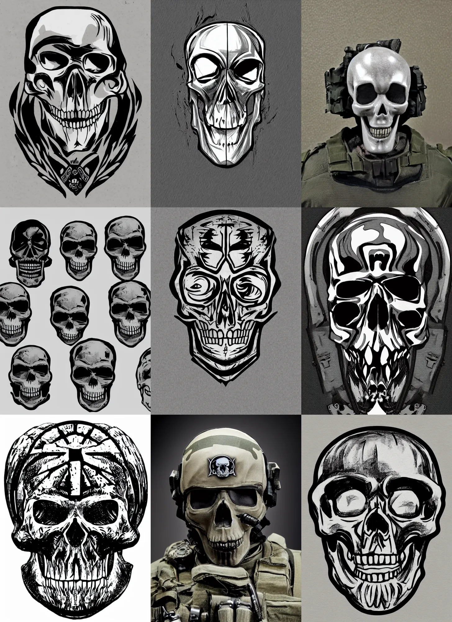 Prompt: spec - ops head, skull pattern on top, special forces, dark design